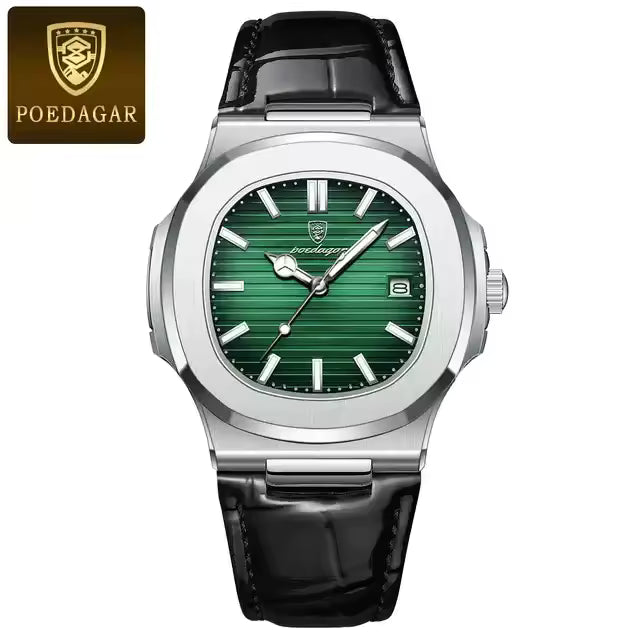 POEDAGAR Montre homme P613 Quartz avec bracelet cuir, luminescente, étanche 3 ATM