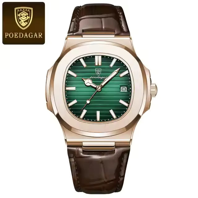 POEDAGAR Montre homme P613 Quartz avec bracelet cuir, luminescente, étanche 3 ATM