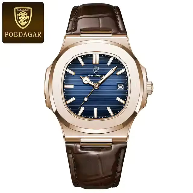 POEDAGAR Montre homme P613 Quartz avec bracelet cuir, luminescente, étanche 3 ATM