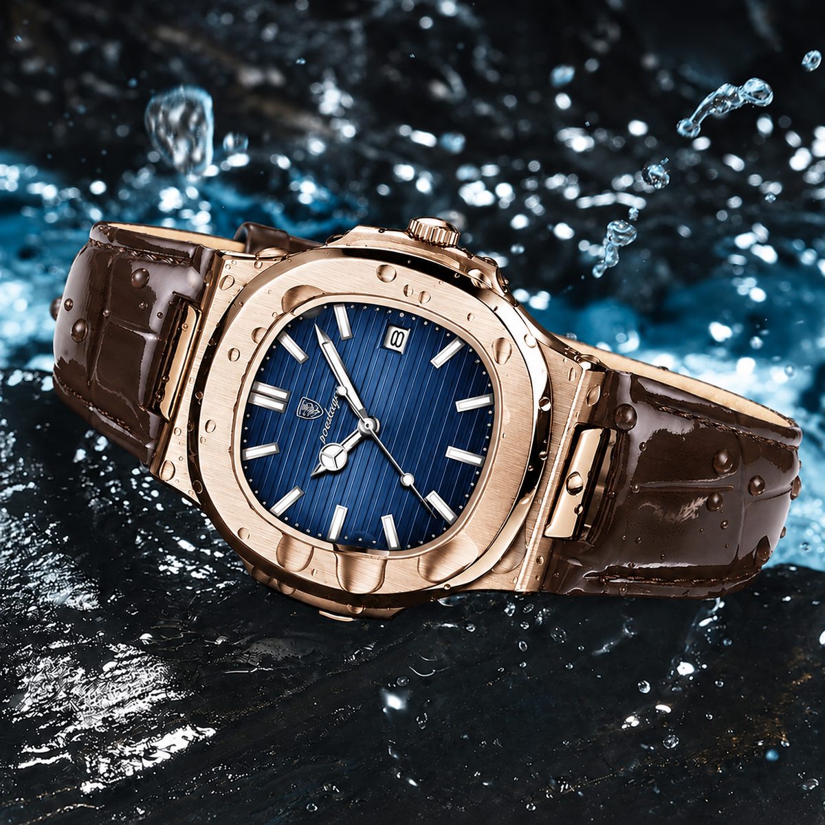 POEDAGAR Montre homme P613 Quartz avec bracelet cuir, luminescente, étanche 3 ATM