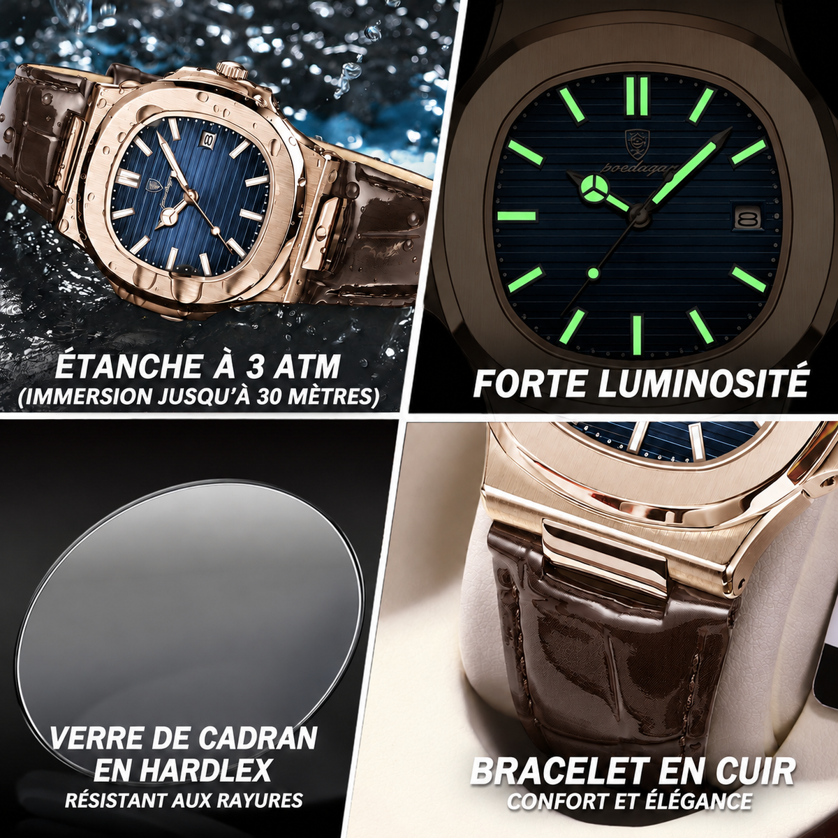 POEDAGAR Montre homme P613 Quartz avec bracelet cuir, luminescente, étanche 3 ATM